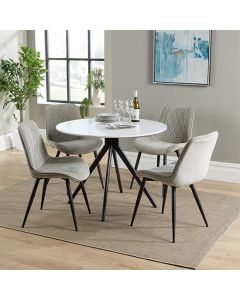 Aspen White Round Dining Table With 4 Light Grey Diamond Stitch Fabric Chairs