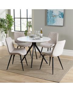 Aspen White Round Dining Table With 4 Natural Diamond Stitch Fabric Chairs