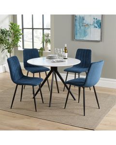 Aspen White Round Dining Table With 4 Blue Straight Stitch Fabric Chairs