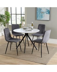 Aspen White Round Dining Table With 4 Grey Straight Stitch Fabric Chairs