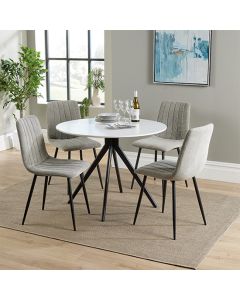 Aspen White Round Dining Table With 4 Light Grey Straight Stitch Fabric Chairs