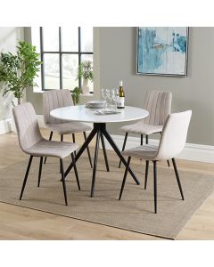 Aspen White Round Dining Table With 4 Natural Straight Stitch Fabric Chairs