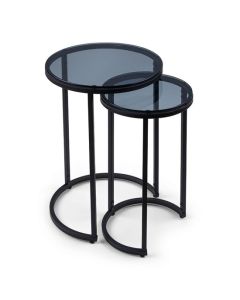 Chicago Round Smoked Glass Nesting Side Tables With Black Metal Frame