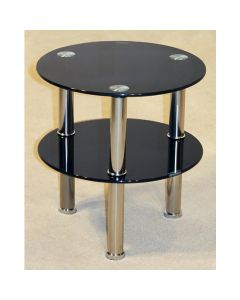 Kansas Round Black Glass Lamp Table With 2 Shelves And Chrome Legs