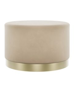 Lara Large Round Velvet Pouffe In Beige With Brushed Gold Base