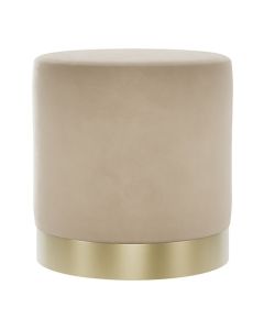 Lara Small Round Velvet Pouffe In Beige With Brushed Gold Base