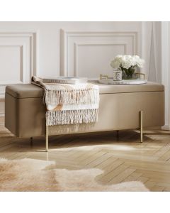 Lola Velet Storage Ottoman In Beige With Brushed Gold Legs