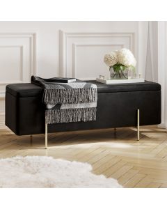 Lola Velet Storage Ottoman In Black With Brushed Gold Legs