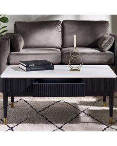 Louis Wooden Fluted Stone Top Coffee Table With 2 Drawers In Black Ash