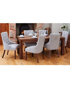 Shiro Extending Wooden Dining Table In Walnut With 6 Vrux Grey Armchairs