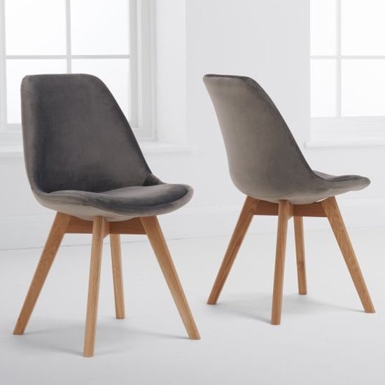 Dannii Grey Velvet Dining Chairs In Pair With Oak Legs