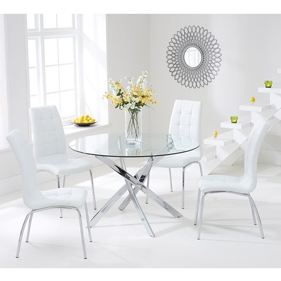 Daytona Round 110cm Clear Glass Dining Set With 4 Ivory White California Chairs