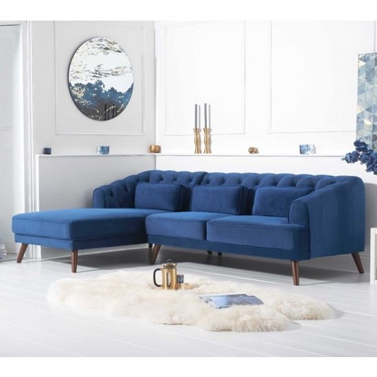 Destiny Left Hand Facing Velvet Upholstered Corner Sofa In Blue