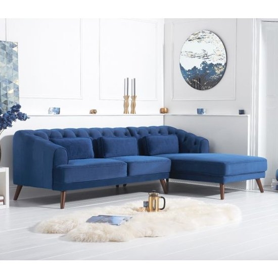 Destiny Right Hand Facing Velvet Upholstered Corner Sofa In Blue