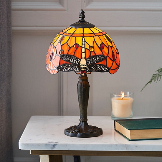 Dragonfly Flame Tiffany Glass Mini Table Lamp In Dark Bronze