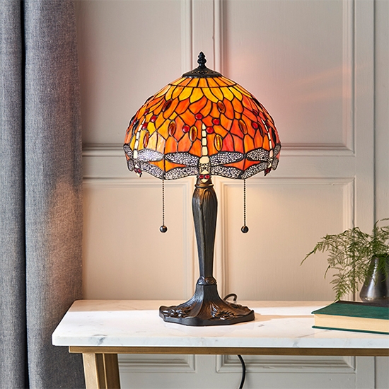 Dragonfly Flame Tiffany Glass Small Table Lamp In Dark Bronze