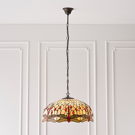 Dragonfly Large Beige Tiffany Glass 3 Lights Ceiling Pendant Light In Dark Bronze