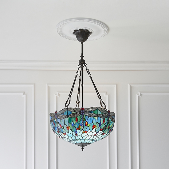Dragonfly Large Inverted Blue Tiffany Glass 3 Lights Ceiling Pendant Light In Dark Bronze