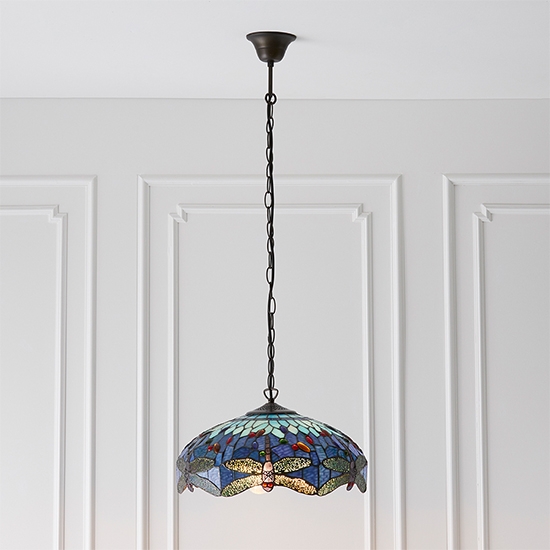 Dragonfly Medium Blue Tiffany Glass 3 Lights Ceiling Pendant Light In Dark Bronze