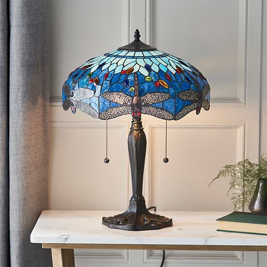 Dragonfly Medium Blue Tiffany Glass Table Lamp In Dark Bronze