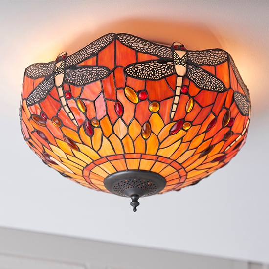 Dragonfly Medium Flame 2 Lights Flush Ceiling Light In Tiffany Glass