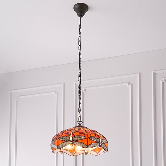 Dragonfly Medium Flame Tiffany Glass 3 Lights Ceiling Pendant Light In Dark Bronze