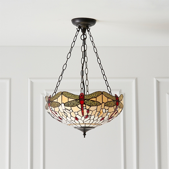 Dragonfly Medium Inverted Beige Tiffany Glass 3 Lights Ceiling Pendant Light In Dark Bronze