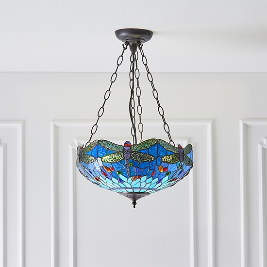 Dragonfly Medium Inverted Blue Tiffany Glass 3 Lights Ceiling Pendant Light In Dark Bronze