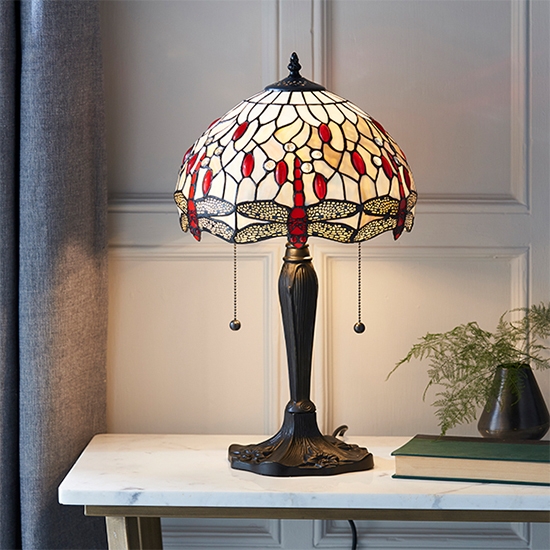 Dragonfly Small Beige Tiffany Glass Table Lamp In Dark Bronze