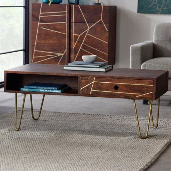 Dreka Rectangular Wooden Coffee Table In Dark Gold