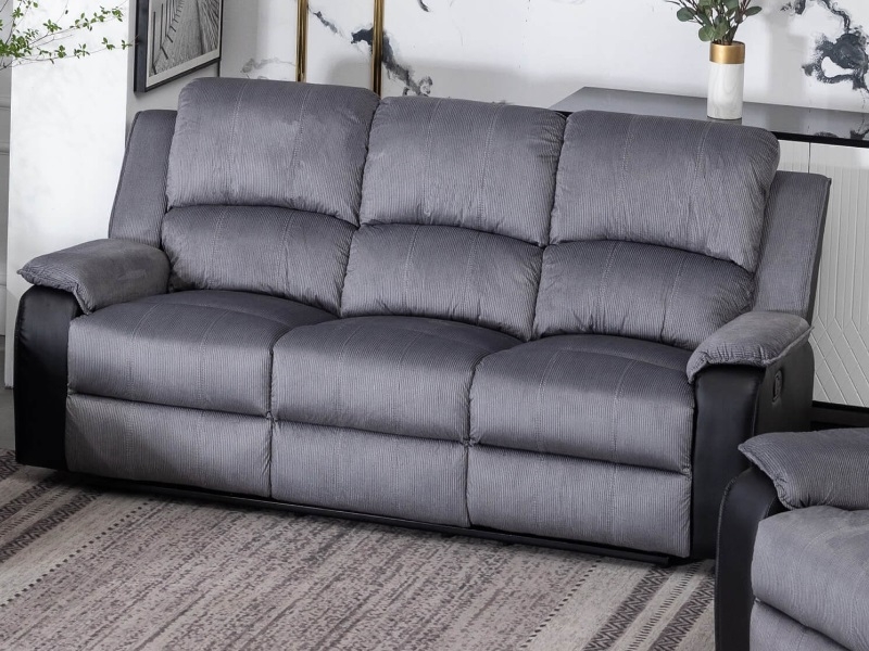 Earlsden Grey Fabric And Black Pu Recliner 3 Seater Sofa