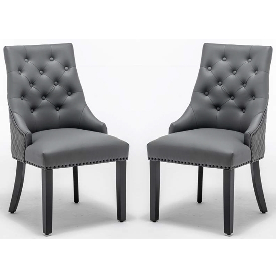 Elizabeth Round Knocker Grey Faux Leather Dining Chairs In Pair