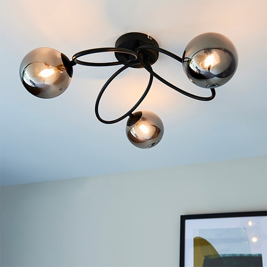 Ellipse 3 Lights Smoked Mirrored Glass Shades Semi Flush Ceiling Light In Satin Black