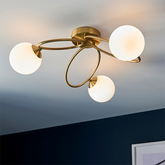 Ellipse Matt Opal Glass Shades 3 Lights Semi Flush Ceiling Light In Satin Brass