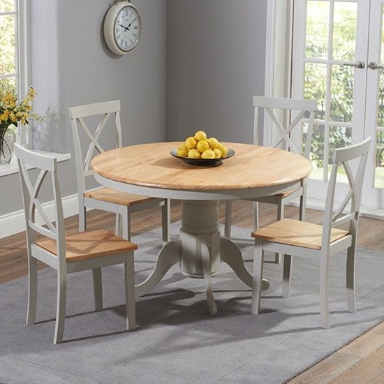 Elstree Round 120cm Dining Set With 4 Chairs In Oak And Grey