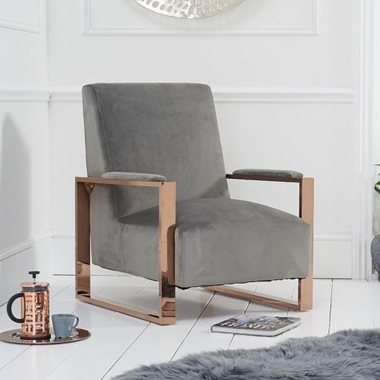 Erica Grey Velvet Bedroom Chair With Rose Gold Metal Legs