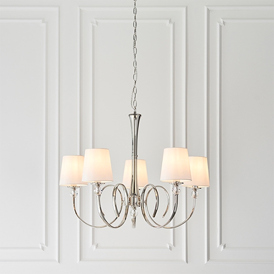 Fabia 5 Lights Ceiling Pendant Light In Polished Nickel With Vintage White Shades