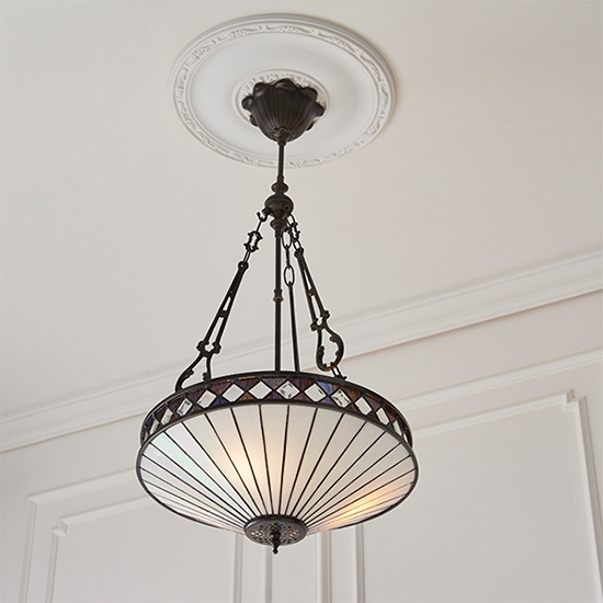 Fargo Medium Inverted 3 Lights Tiffany Glass Ceiling Pendant Light In Dark Bronze