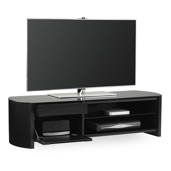 Finewoods Medium Wooden Tv Stand In Black Oak With Black Glass