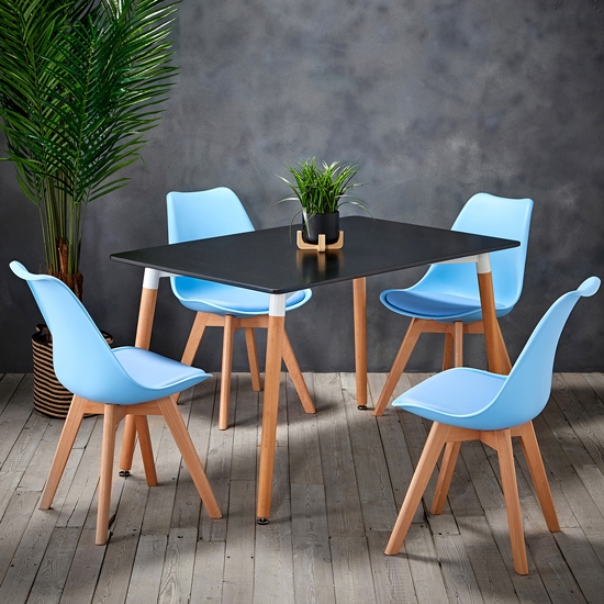 Fraser Wooden Dining Table In Black With 4 Louvre Baby Blue Chairs