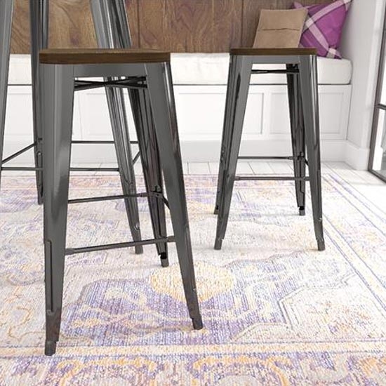 Fusion Black Metal Backless Bar Stools In Pair With Wooden Seat