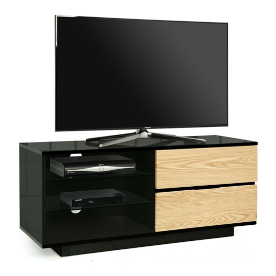 Gallus Wooden Tv Stand In Black High Gloss With 2 Oak Drawers