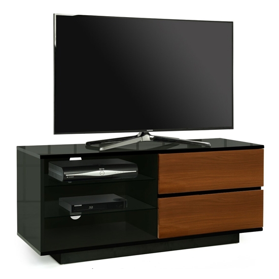 Gallus Wooden Tv Stand In Black High Gloss With 2 Walnut Drawers