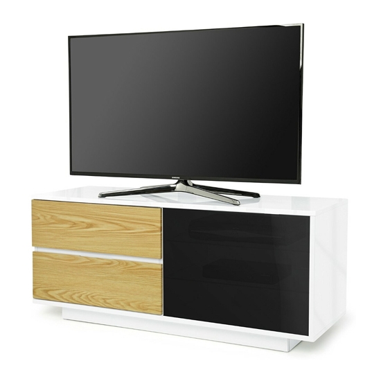 Gallus Ultra Wooden Tv Stand In White High Gloss With 2 Oak Drawers