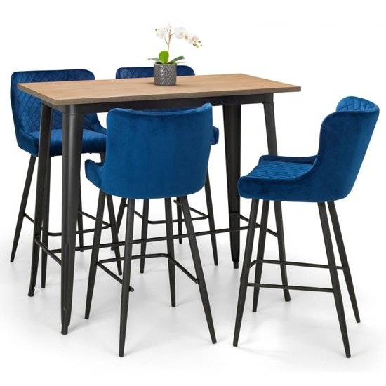 Grafton Bar Set In Mocha Elm With 4 Luxe Blue Velvet Bar Stools