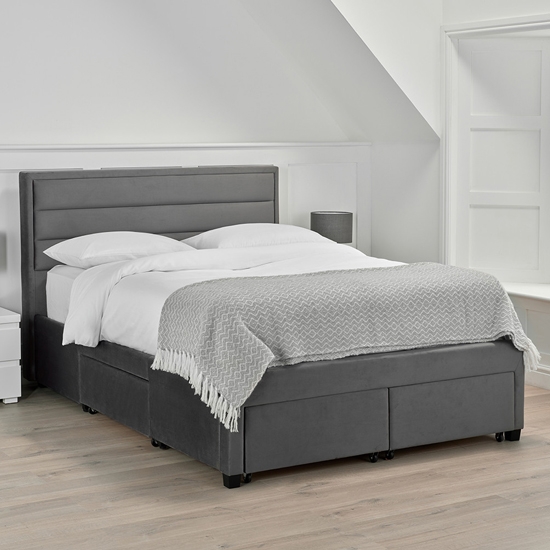 Greenwich Velvet King Size Bed With Drawers In Grey
