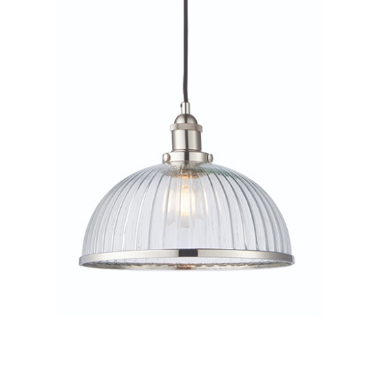 Hansen Clear Ribbed Glass Ceiling Pendant Light In Bright Nickel