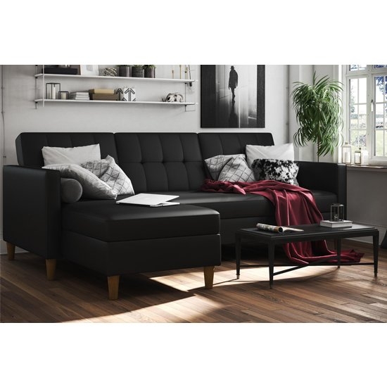 Hartford Sectional Faux Leather Storage Chaise Sofa Bed In Black