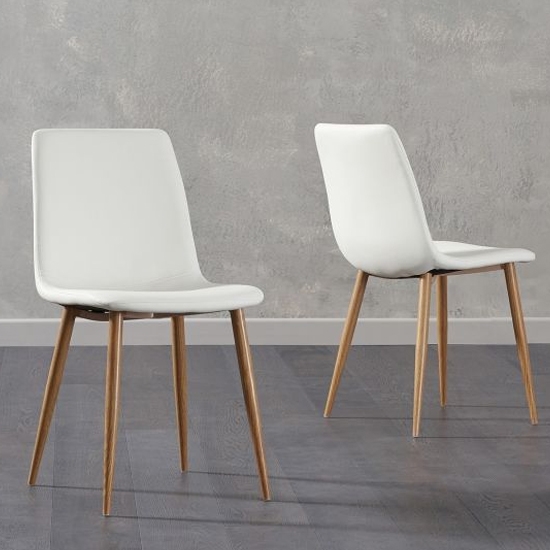 Hatfield White Faux Leather Dining Chairs With Wooden Legs In Pair