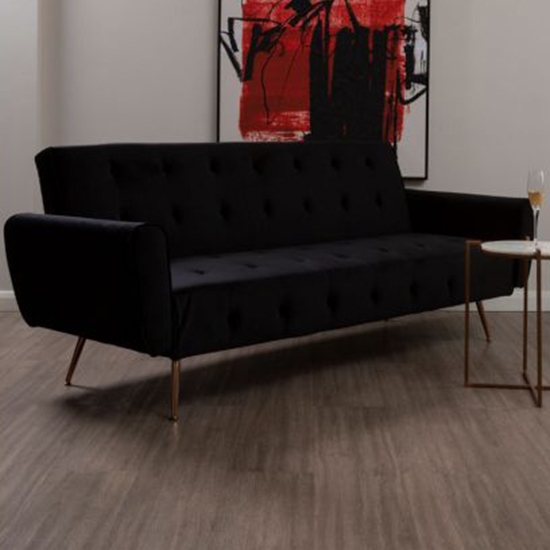 Hayton Velvet Upholstered Sofa Bed In Black With Metallic Gold Legs